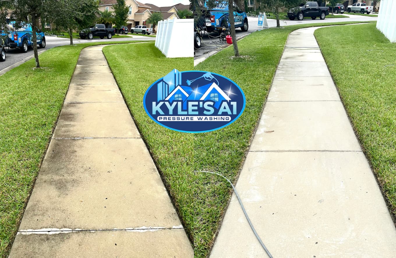 Concrete before and after pressure washing