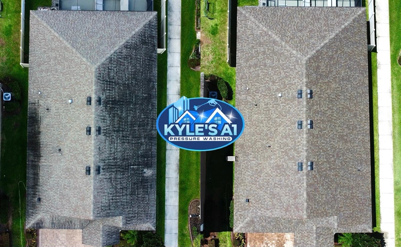 Roof cleaning before and after drone shot — Kyle's A1 Pressure Washing