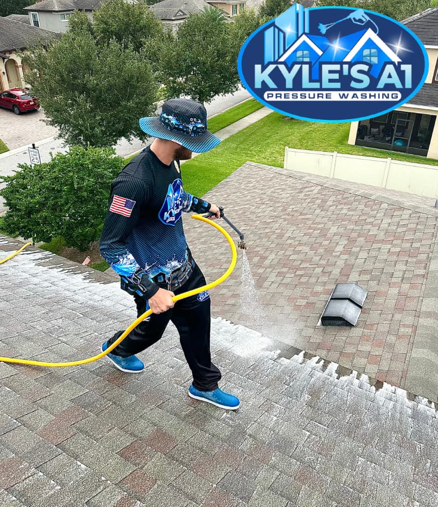 Roof cleaning before and after — Kyle's A1 Pressure Washing aerial drone shot
