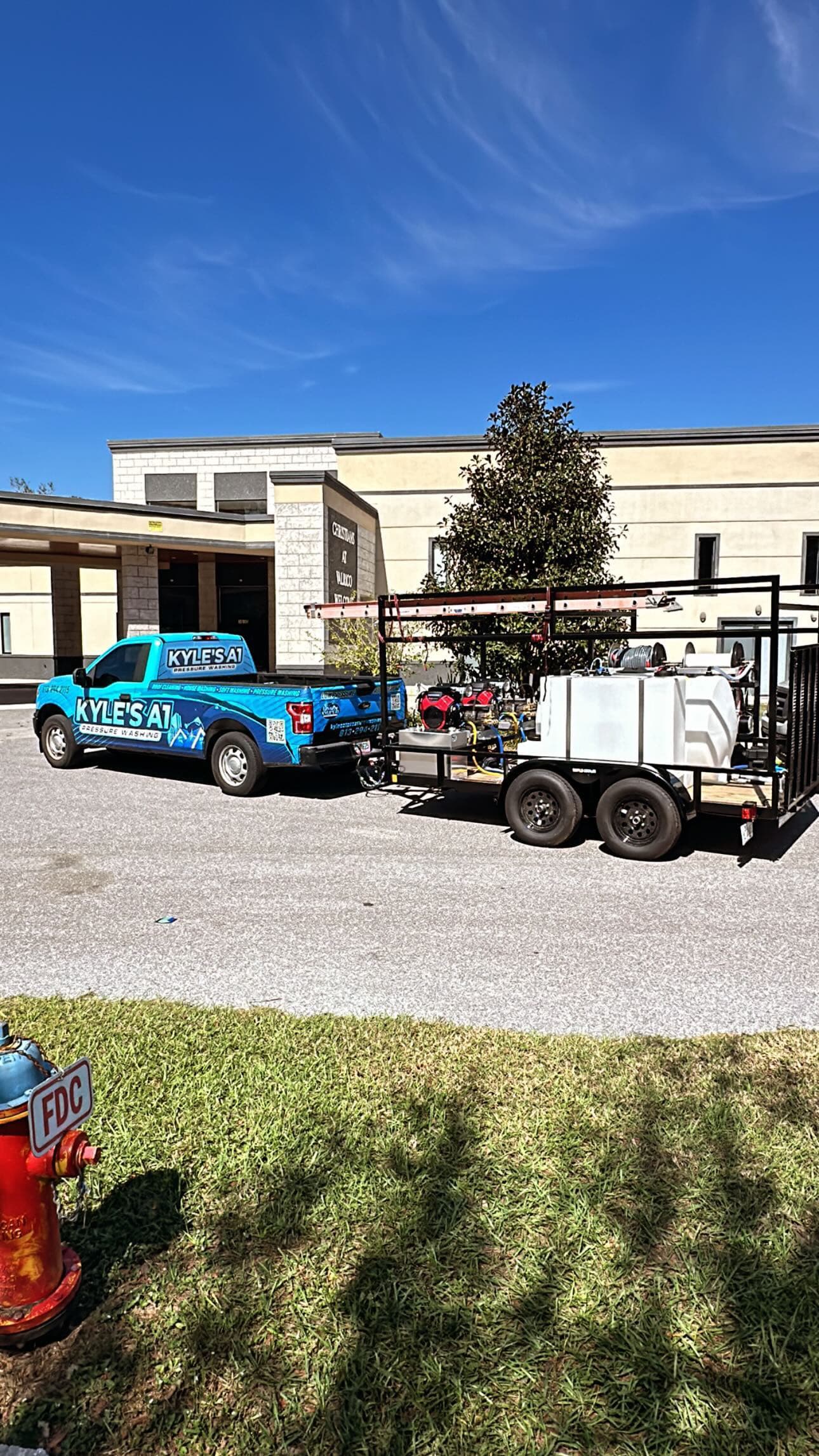 Kyle's A1 truck and trailer rig at church commercial job